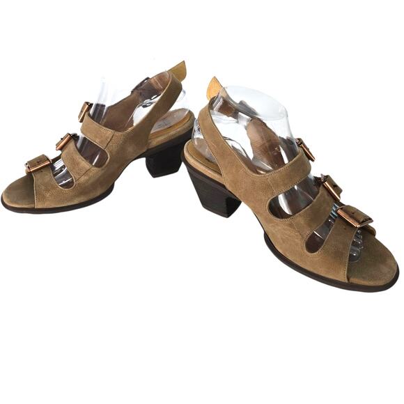 John Fluevog Sunny Tan Nubuck Leather Strappy Buckle Sandal Heeled 11 - Picture 5 of 11